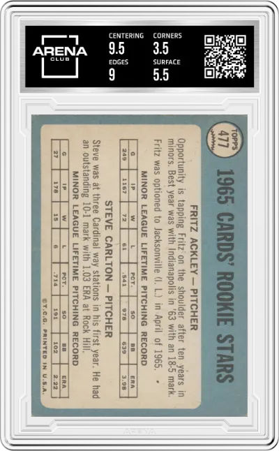 Frtiz Ackley/Steve Carlton from the 1965 Topps set graded by Arena Club and given an overall grade of 4.