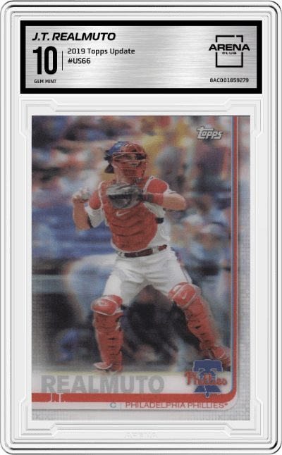J.T. Realmuto from the 2019 Topps Update  set graded by Arena Club and given an overall grade of 10.
