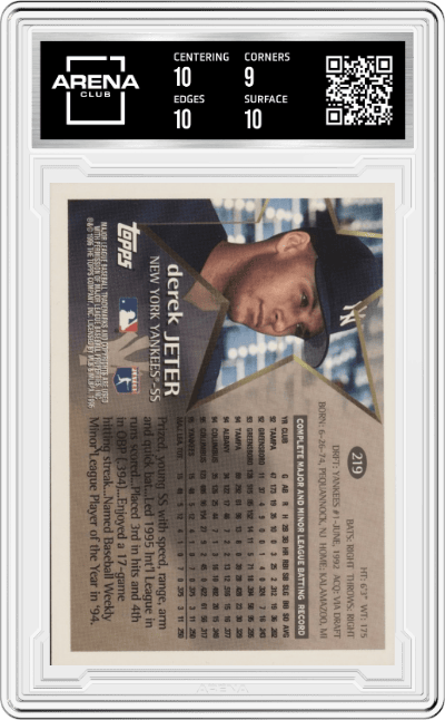 Derek Jeter from the 1996 Topps set graded by Arena Club and given an overall grade of 9.5.