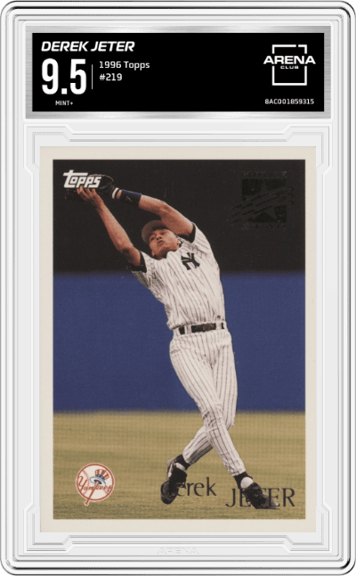 Derek Jeter from the 1996 Topps set graded by Arena Club and given an overall grade of 9.5.
