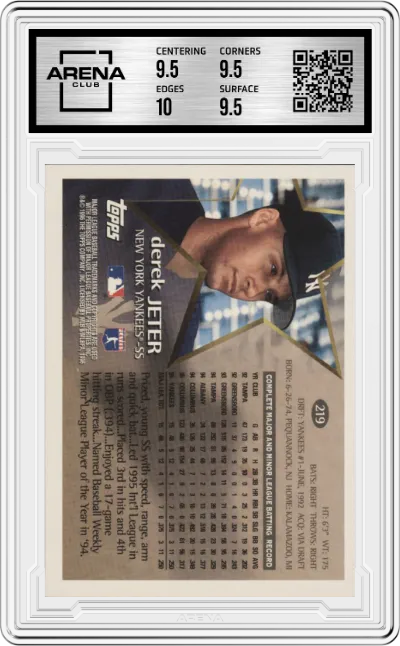 Derek Jeter from the 1996 Topps set graded by Arena Club and given an overall grade of 10.