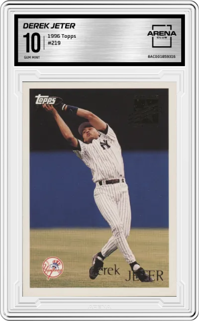Derek Jeter from the 1996 Topps set graded by Arena Club and given an overall grade of 10.