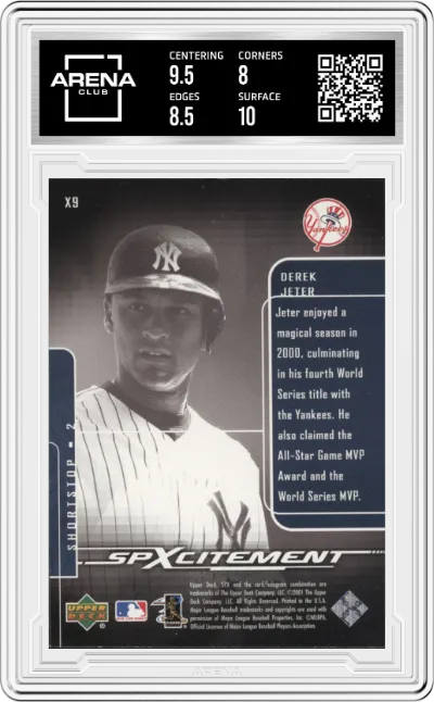Derek Jeter from the 2001 Upper Deck SPx set graded by Arena Club and given an overall grade of 8.5.