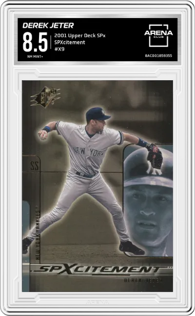Derek Jeter from the 2001 Upper Deck SPx set graded by Arena Club and given an overall grade of 8.5.