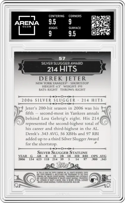 Derek Jeter from the 2008 Topps set featuring a Moments & Milestones parallel graded by Arena Club and given an overall grade of 9.5.