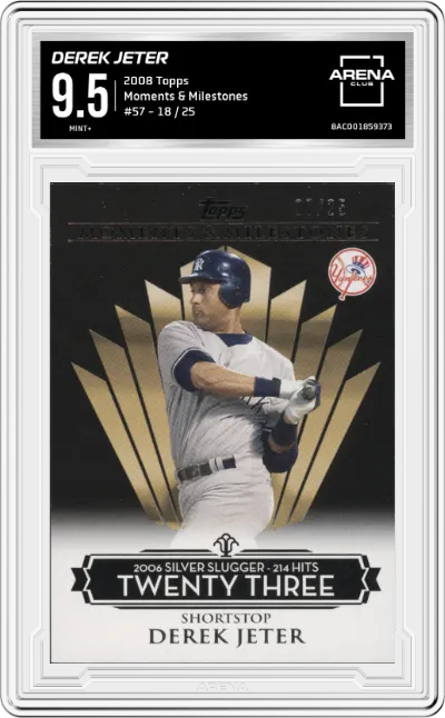 Derek Jeter from the 2008 Topps set featuring a Moments & Milestones parallel graded by Arena Club and given an overall grade of 9.5.