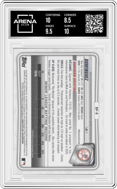 Jasson Dominguez from the 2020 Bowman 1st Edition set graded by Arena Club and given an overall grade of 9.