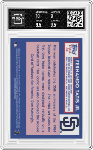 Fernando Tatis Jr. from the 2019 Topps SIlver Pack set graded by Arena Club and given an overall grade of 9.5.