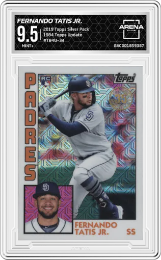 Fernando Tatis Jr. from the 2019 Topps SIlver Pack set graded by Arena Club and given an overall grade of 9.5.