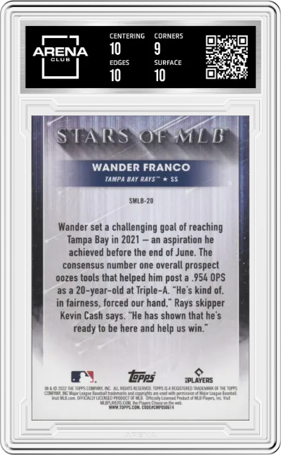 Wander Franco from the 2022 Topps   set graded by Arena Club and given an overall grade of 9.5.