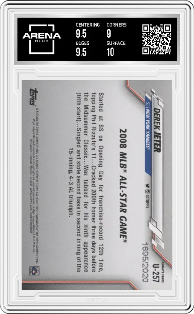 Derek Jeter from the 2020 Topps Update  set featuring a Gold Foil parallel graded by Arena Club and given an overall grade of 9.5.