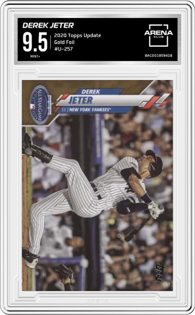 Derek Jeter from the 2020 Topps Update  set featuring a Gold Foil parallel graded by Arena Club and given an overall grade of 9.5.