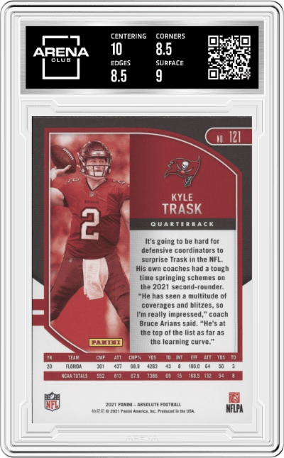 Kyle Trask from the 2021 Panini Absolute set graded by Arena Club and given an overall grade of 9.