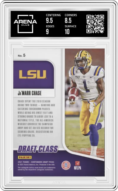 Ja'Marr Chase from the 2021 Panini Contenders Draft Picks set featuring a Red parallel graded by Arena Club and given an overall grade of 9.