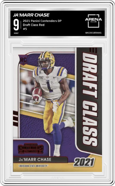 Ja'Marr Chase from the 2021 Panini Contenders Draft Picks set featuring a Red parallel graded by Arena Club and given an overall grade of 9.