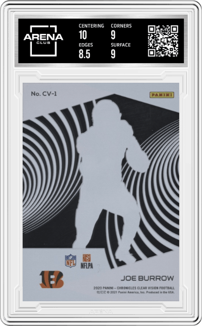 Joe Burrow from the 2020 Panini Chronicles set graded by Arena Club and given an overall grade of 9.