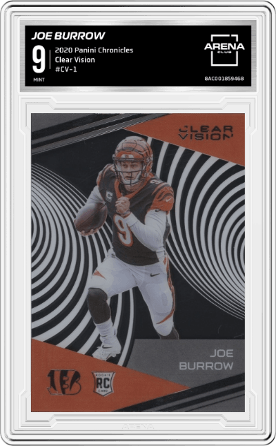 Joe Burrow from the 2020 Panini Chronicles set graded by Arena Club and given an overall grade of 9.