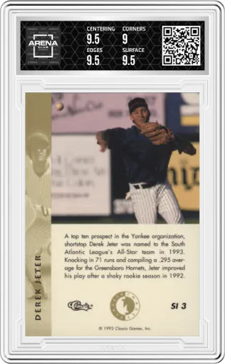 Derek Jeter from the 1993 Classic Images set graded by Arena Club and given an overall grade of 9.5.