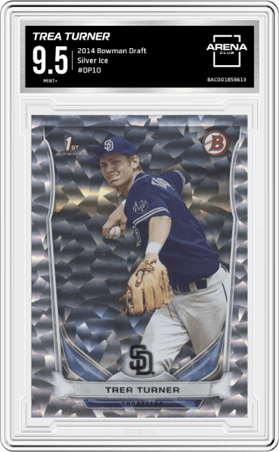 Trea Turner from the 2014 Bowman Draft  set featuring a Silver Ice parallel graded by Arena Club and given an overall grade of 9.5.