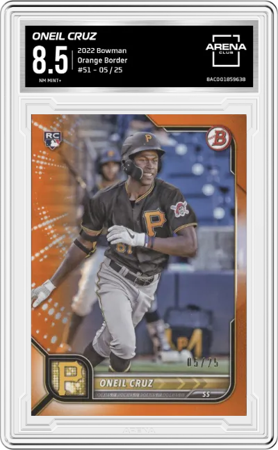 Oneil Cruz from the 2022 Bowman set featuring a  Orange Border parallel graded by Arena Club and given an overall grade of 8.5.