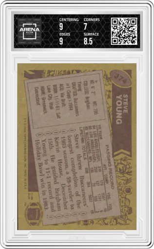 Steve Young from the 1986 Topps set graded by Arena Club and given an overall grade of 7.5.