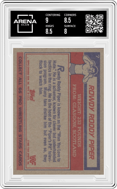 Rowdy Roddy Piper from the 1985 Topps WWF Pro Wrestling Stars Wrestling set graded by Arena Club and given an overall grade of 8.5.