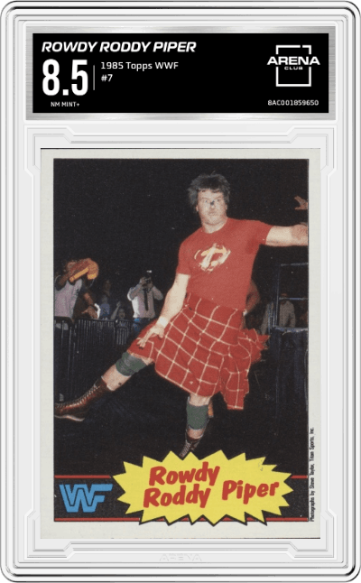 Rowdy Roddy Piper from the 1985 Topps WWF Pro Wrestling Stars Wrestling set graded by Arena Club and given an overall grade of 8.5.