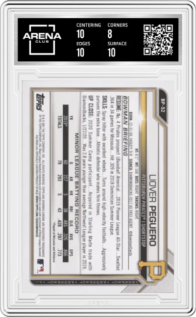 Liover Peguero from the 2021 Bowman set featuring a Yellow  parallel graded by Arena Club and given an overall grade of 8.5.