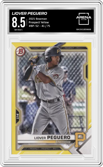Liover Peguero from the 2021 Bowman set featuring a Yellow  parallel graded by Arena Club and given an overall grade of 8.5.
