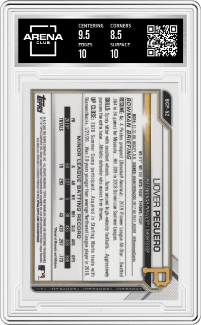 Liover Peguero from the 2021 Bowman Sapphire Baseball  set featuring a Green Sapphire parallel graded by Arena Club and given an overall grade of 9.