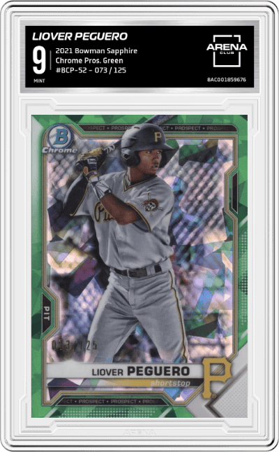 Liover Peguero from the 2021 Bowman Sapphire Baseball  set featuring a Green Sapphire parallel graded by Arena Club and given an overall grade of 9.