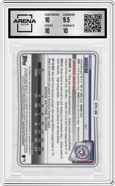 Gabriel Moreno from the 2020 Bowman Chrome set graded by Arena Club and given an overall grade of 10.