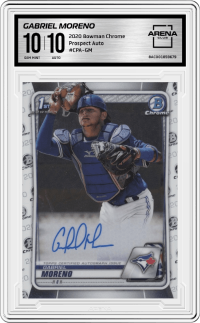 Gabriel Moreno from the 2020 Bowman Chrome set graded by Arena Club and given an overall grade of 10.