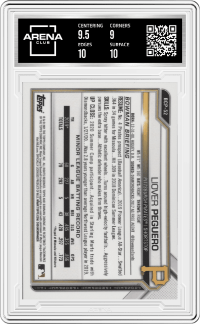 Liover Peguero from the 2021 Bowman Sapphire Baseball  set featuring a Green Sapphire parallel graded by Arena Club and given an overall grade of 9.5.