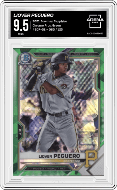Liover Peguero from the 2021 Bowman Sapphire Baseball  set featuring a Green Sapphire parallel graded by Arena Club and given an overall grade of 9.5.
