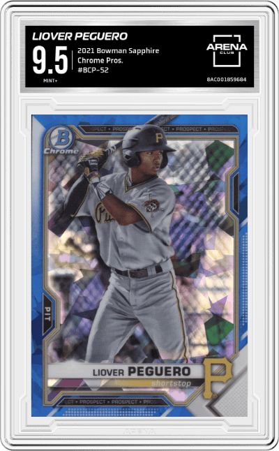 Liover Peguero from the 2021 Bowman Sapphire Baseball  set graded by Arena Club and given an overall grade of 9.5.