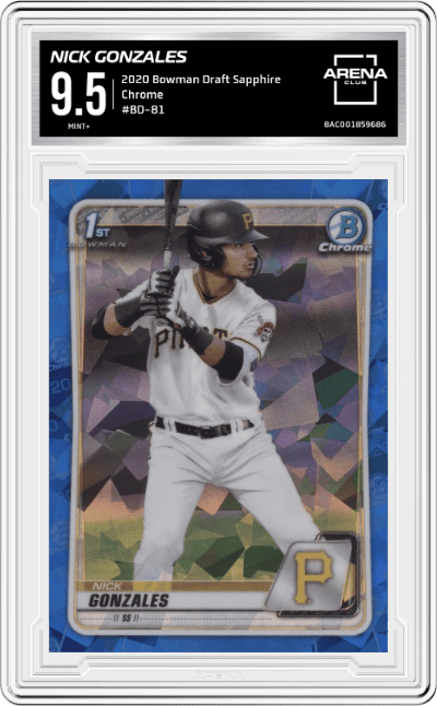 Nick Gonzales from the 2020 Bowman Draft Sapphire set graded by Arena Club and given an overall grade of 9.5.