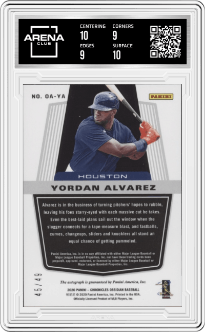 Yordan Alvarez from the 2020 Panini Chronicles set featuring a Electric Etch Purple parallel graded by Arena Club and given an overall grade of 9.5.