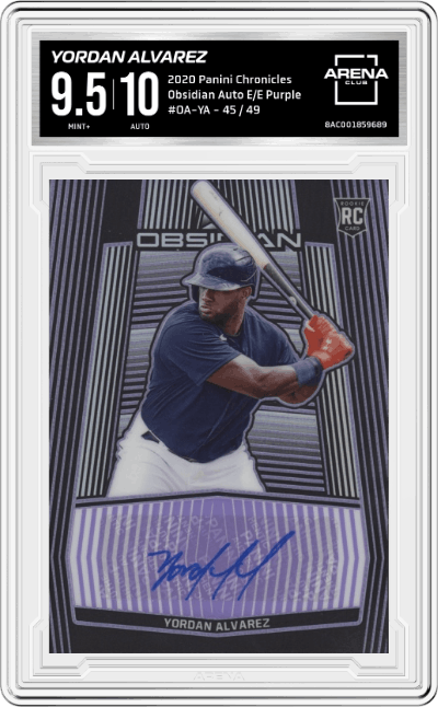 Yordan Alvarez from the 2020 Panini Chronicles set featuring a Electric Etch Purple parallel graded by Arena Club and given an overall grade of 9.5.