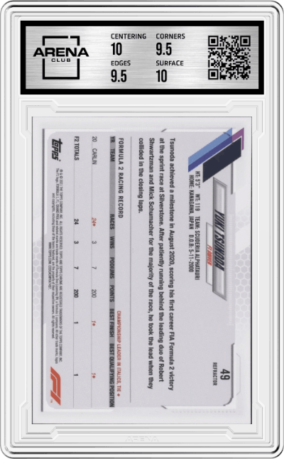 Yuki Tsunoda from the 2021 Topps Chrome F1  set featuring a Refractor parallel graded by Arena Club and given an overall grade of 10.