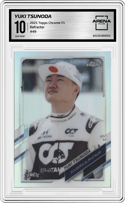 Yuki Tsunoda from the 2021 Topps Chrome F1  set featuring a Refractor parallel graded by Arena Club and given an overall grade of 10.