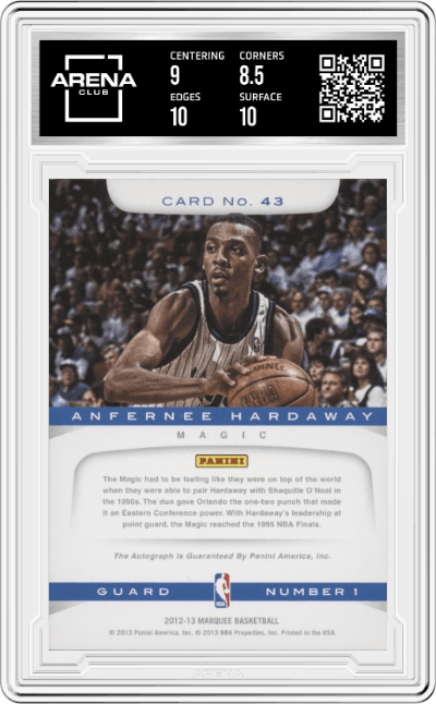 Anfernee Hardaway from the 2012-13 Panini Marquee  set graded by Arena Club and given an overall grade of 9.