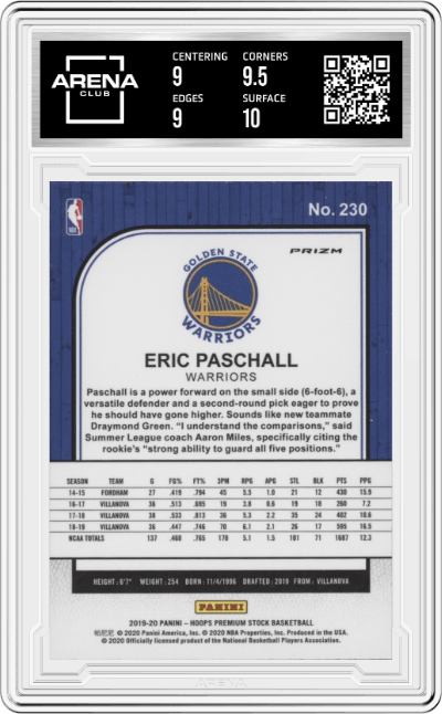 Eric Paschall from the 2019-20 Panini Hoops Premium Stock set featuring a Shimmer parallel graded by Arena Club and given an overall grade of 9.5.