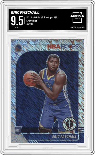 Eric Paschall from the 2019-20 Panini Hoops Premium Stock set featuring a Shimmer parallel graded by Arena Club and given an overall grade of 9.5.