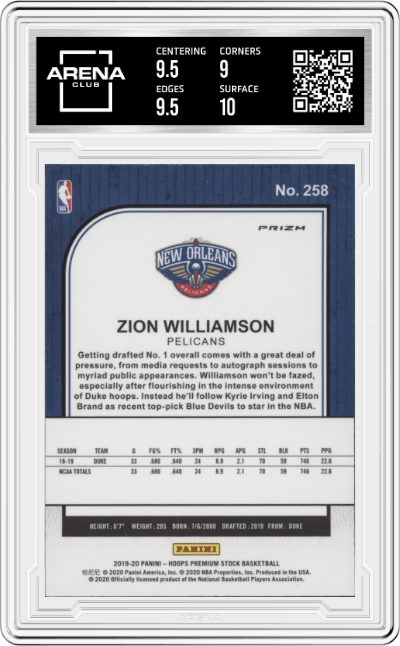 Zion Williamson from the 2019-20 Panini Hoops Premium Stock set featuring a Shimmer parallel graded by Arena Club and given an overall grade of 9.5.