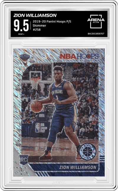 Zion Williamson from the 2019-20 Panini Hoops Premium Stock set featuring a Shimmer parallel graded by Arena Club and given an overall grade of 9.5.