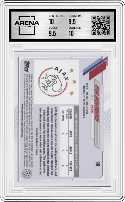 Ryan Gravenberch from the 2020-21 Topps Chrome Sapphire Edition UEFA Champions League set graded by Arena Club and given an overall grade of 10.