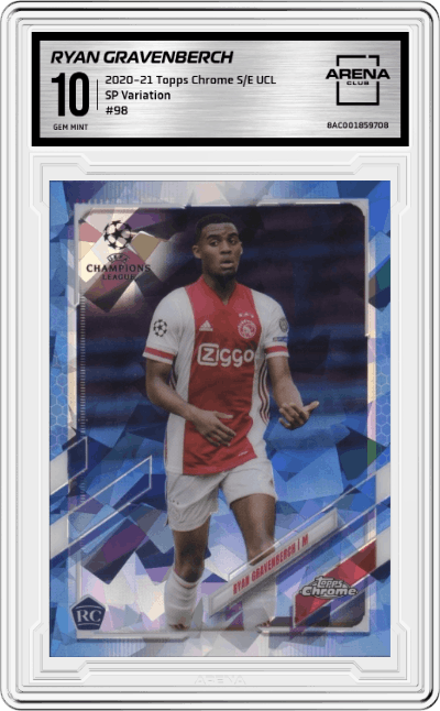 Ryan Gravenberch from the 2020-21 Topps Chrome Sapphire Edition UEFA Champions League set graded by Arena Club and given an overall grade of 10.