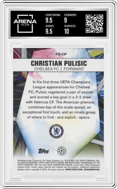 Christian Pulisic from the 2020-21 Topps Chrome UEFA Champions League set graded by Arena Club and given an overall grade of 9.5.