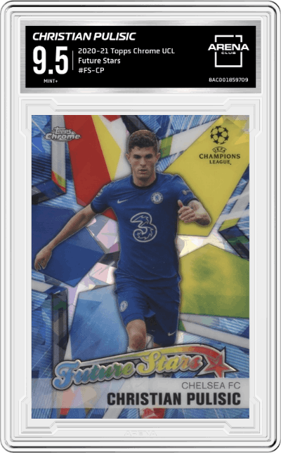 Christian Pulisic from the 2020-21 Topps Chrome UEFA Champions League set graded by Arena Club and given an overall grade of 9.5.